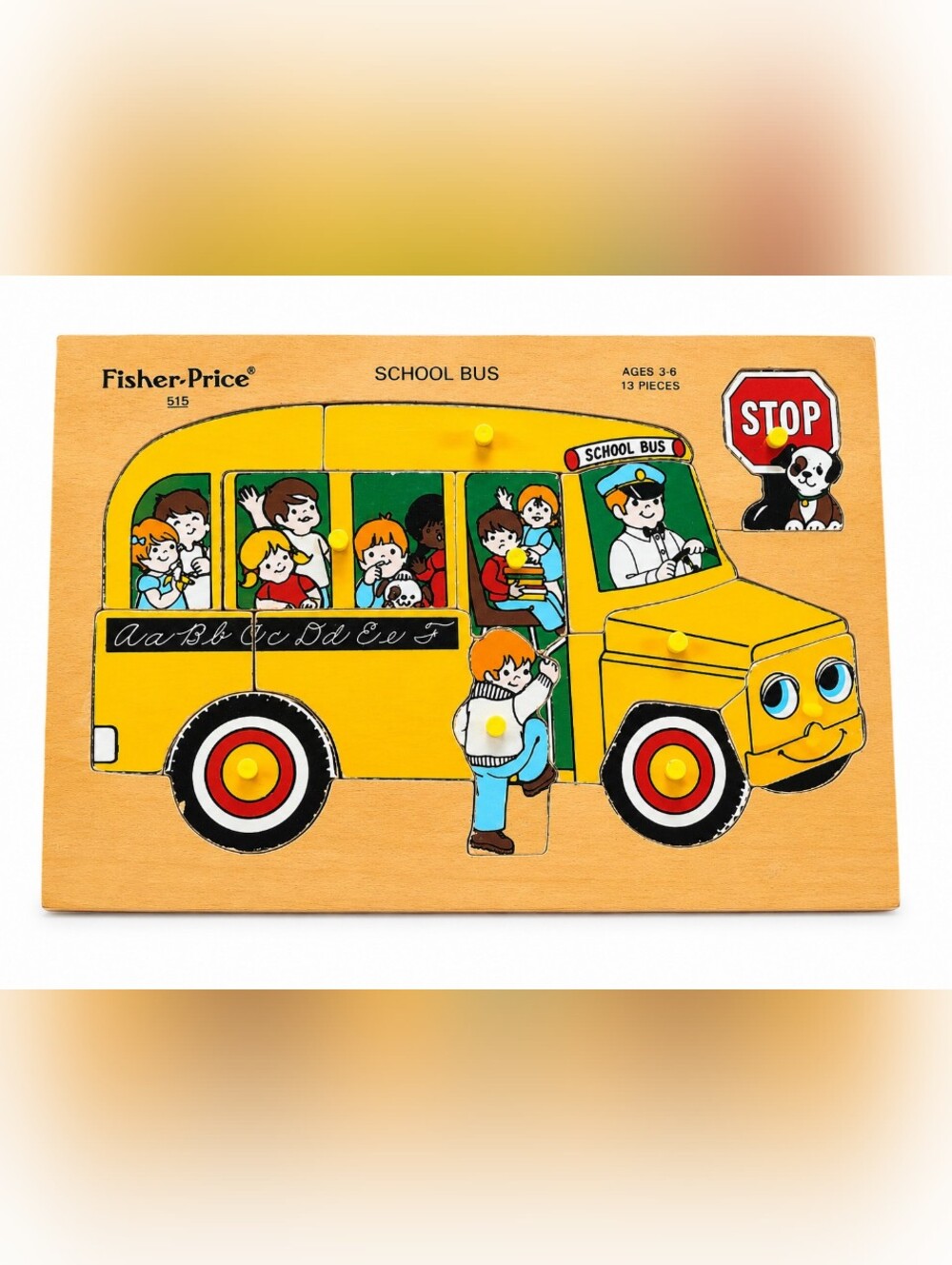 Fisher-Price School Bus Wooden Knob Puzzle #515 13 Piece Vintage Preschool Toy